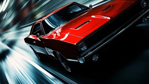 Digital painting of red muscle car in dynamic motion perspective.