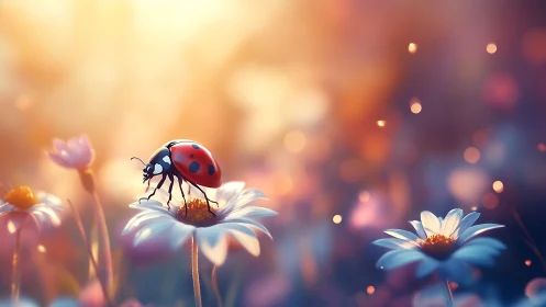Digital painting of ladybird on daisies with bokeh atmosphere.