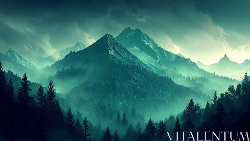 Layered coniferous mountains under teal atmospheric haze.