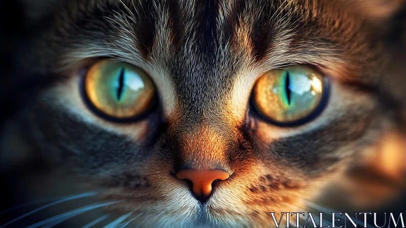 Close-up Cat Eyes with Golden Amber and Turquoise Iris Detail.