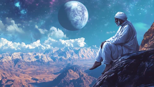 Contemplative robed figure on alien ridge under enlarged planet.