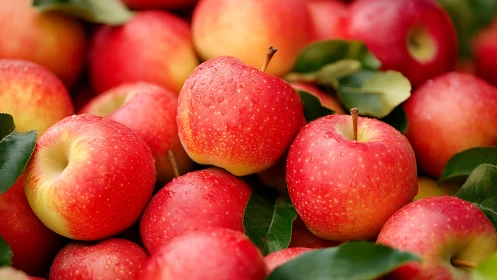 Red and yellow apples with leaves in close-up view.