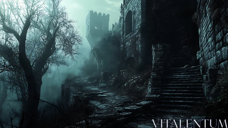 Moonlit ruins along a misty fortress stairway path.