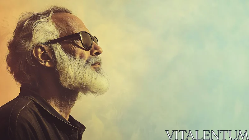Older man in sunglasses against soft gradient sky background.