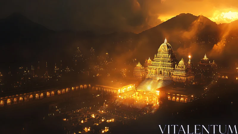 Luminescent mountain temple complex under pyroclastic sunset.