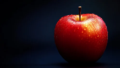 Red apple macro on dark background with water droplets.