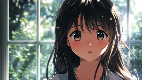 Young woman in anime style before sunlit window indoors.