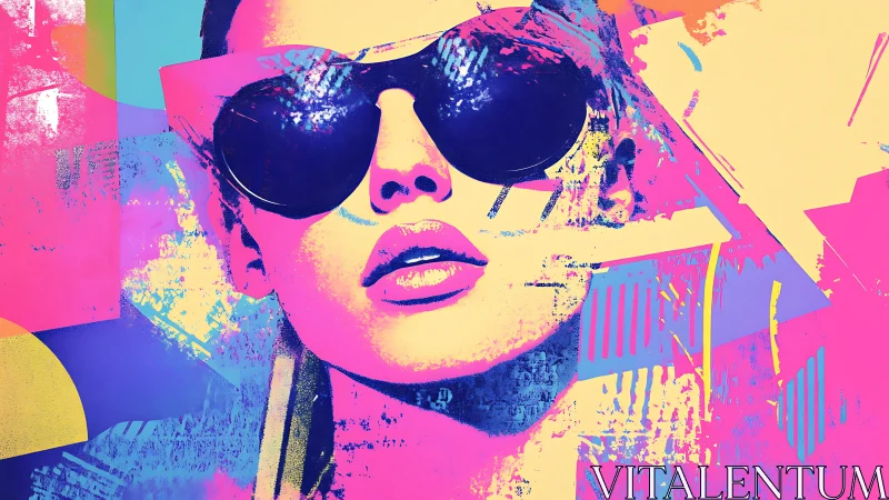 Bold neon portrait of woman in sunglasses on abstract background.