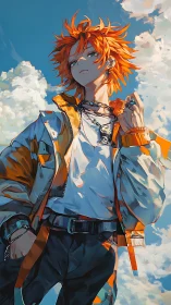 Flame haired youth under towering clouds in vivid light.