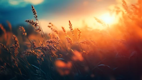 Sunlit meadow grasses glow warmly against a fading evening sky