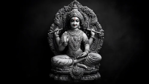 Monochrome Hindu deity sculpture on ornate throne pedestal.