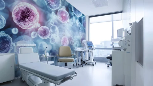 Modern medical clinic room with scientific cell mural artwork.