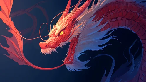 Red serpentine dragon with glowing eyes in dark sky.