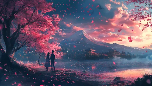 Twilight cherry blossoms with couple, lake reflections, distant peak
