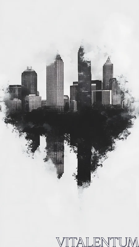 Monochrome skyline forms mirrored ink-wash city reflection.