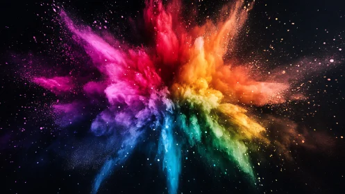 Exploding rainbow pigment burst on deep black background.