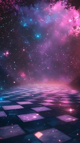 Nebula sky above glowing pink and blue checker floor.