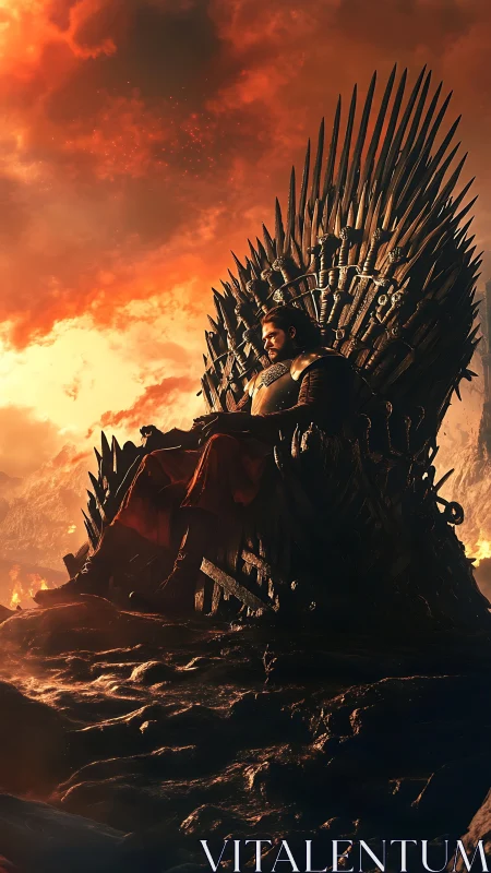 Storm-lit warrior king rests on a throne of jagged blades