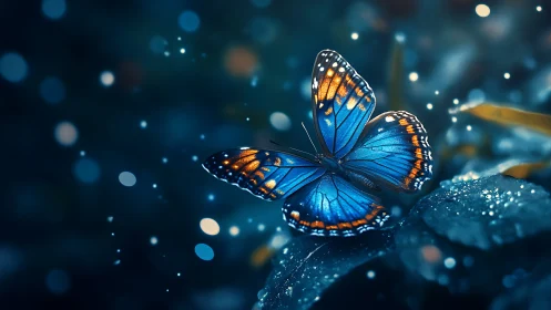 Blue butterfly resting on dewy leaves in soft night light.