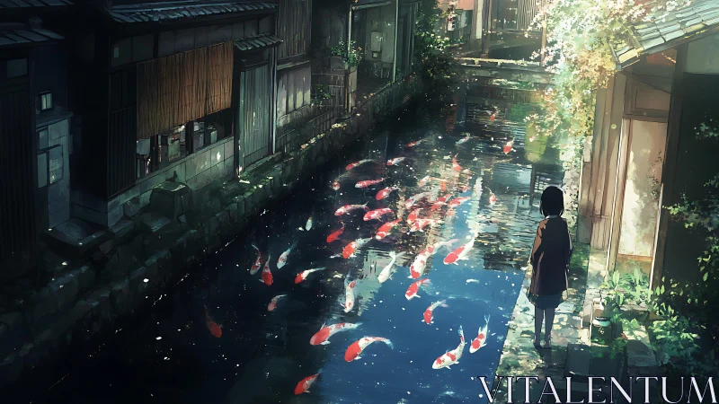 Girl watches koi drift through a quiet canal at dusk.