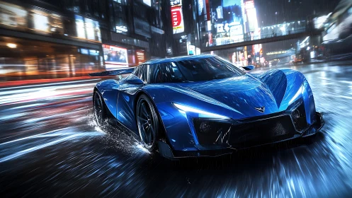 Blue hypercar speeds through wet neon city streets at night.