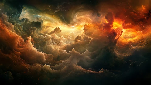 Stormlit cosmic clouds swirling through a painted night sky.
