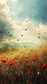 Crimson poppies listen skyward as migrating birds sketch wind