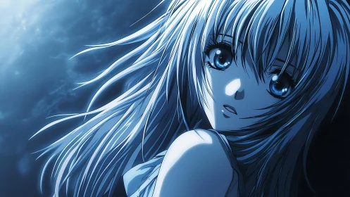 Blue monochrome anime girl with long hair at night.