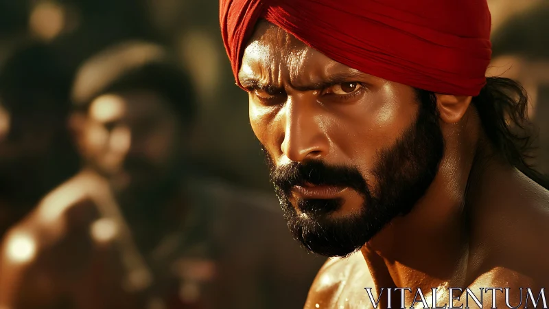 Intense bearded warrior in red turban under warm sidelight
