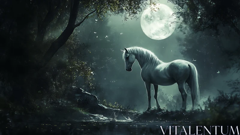 White horse stands in moonlit forest beside still water.
