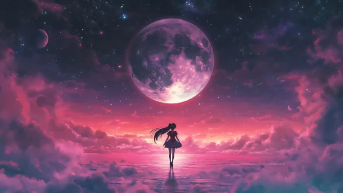 Girl stands on cosmic sea beneath vast glowing moon sky