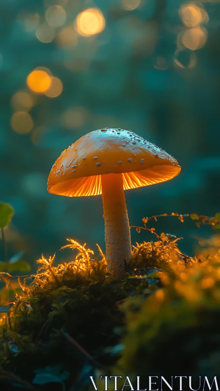 Backlit fly agaric mushroom macro with golden hour bokeh glow
