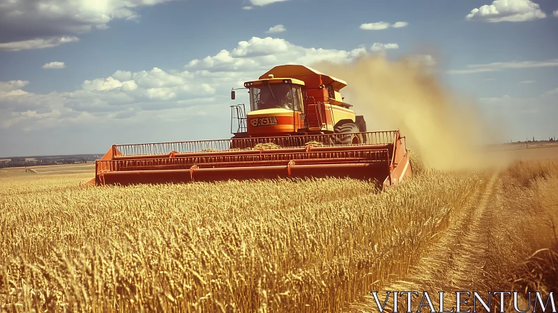 Combine harvester cuts mature wheat with wide header and dust plume