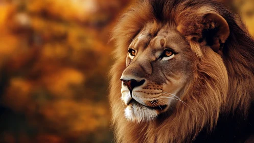 High-resolution lion head profile with autumnal bokeh field.