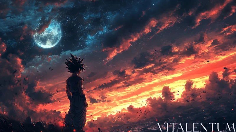 Silhouetted anime warrior observes a dual-toned cosmic sky