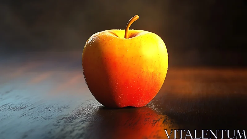 Photorealistic still life apple on dark wood surface.