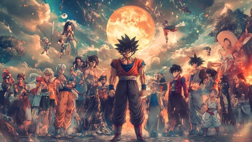 Expansive anime battle ensemble under cinematic lunar backlight.