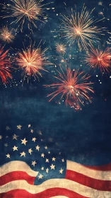 Fourth of July fireworks over stylized American flag art.