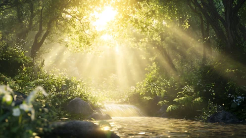 Sunlit woodland stream with luminous misty rays of dawn.