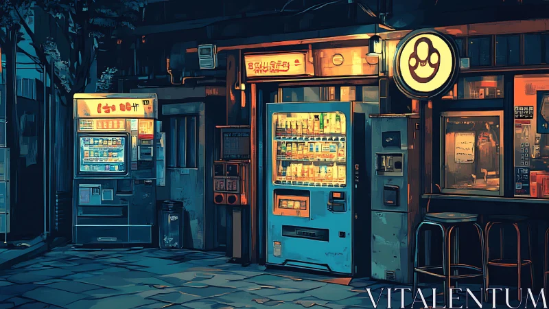 Neon-lit Tokyo vending corner in stylized nocturne hues.