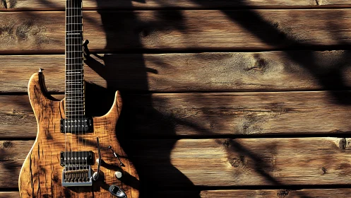 Sunlit figured-maple electric guitar on rustic timber wall.