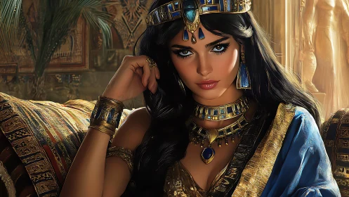 Regal desert queen resting beneath a golden palace glow.