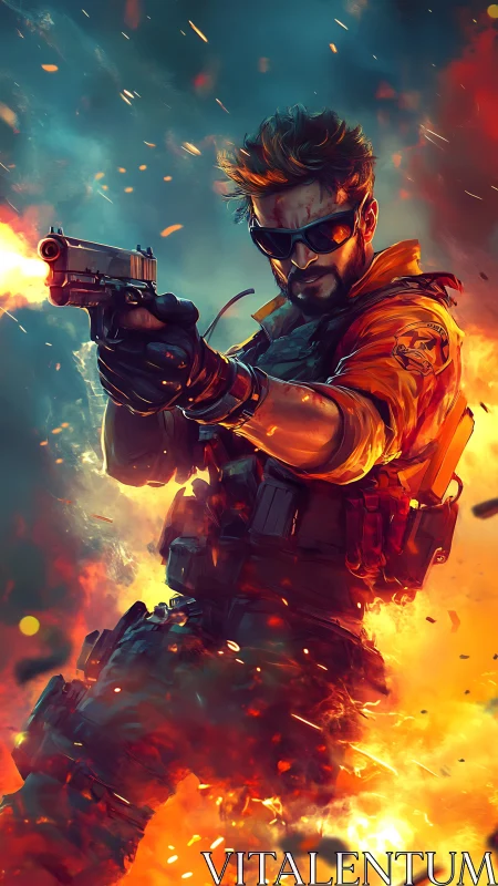 Armed soldier in fiery battlefield digital action scene.