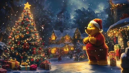 Bear in red suit admires glowing village Christmas tree.