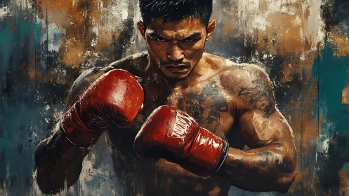 Intense Boxer in Red Gloves Delivers Powerful Stance.