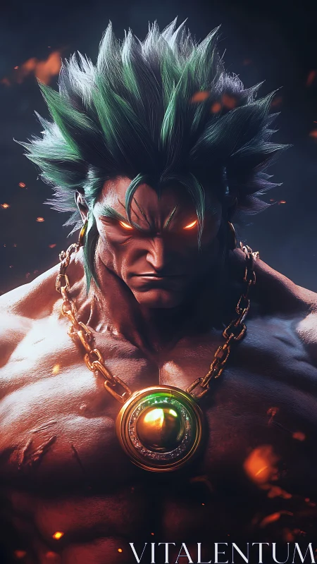 Mythic warrior portrait with glowing amulet and embers.