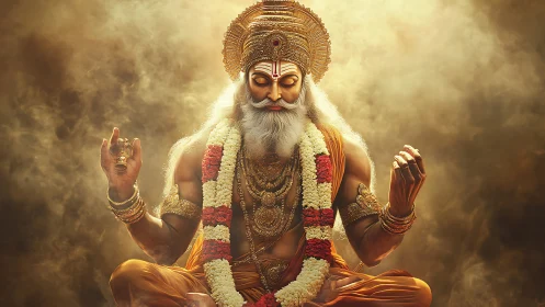 Divine sage in golden meditation with ornate garlands.