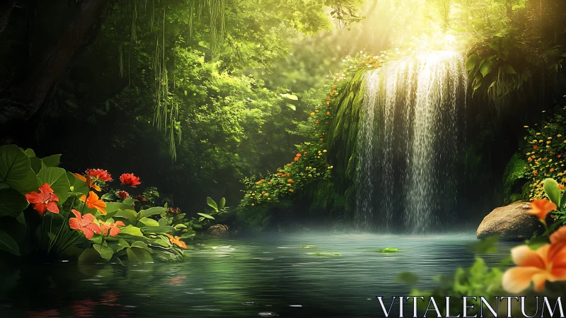 Luminous jungle waterfall with florals in digital painting style.