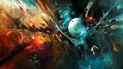 Cosmic maelstrom between firestorm nebulae and teal void.