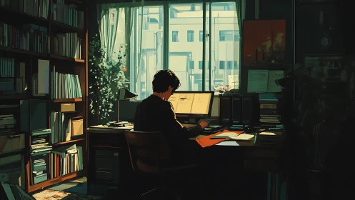 Solitary designer works in sunlit studio office interior.